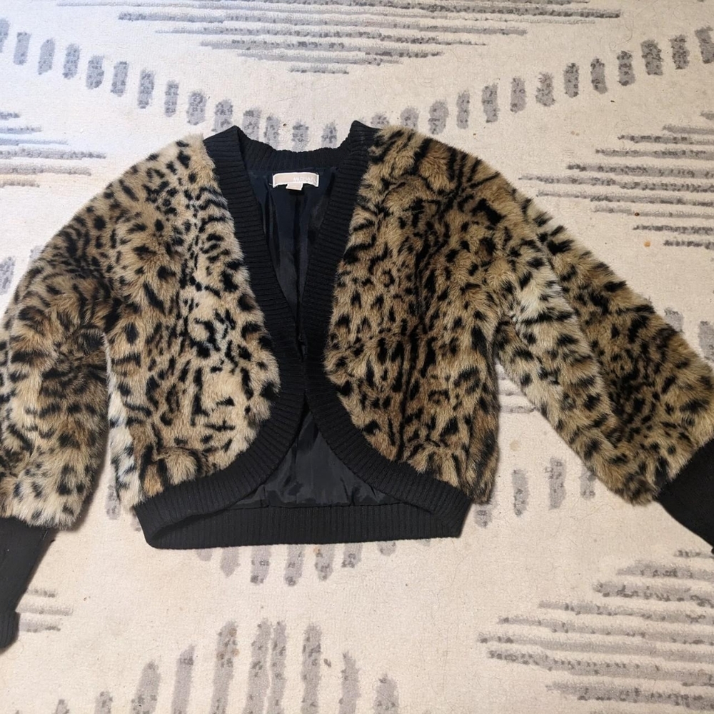 Michael Kors MK faux fur leopard jacket bomber style sweater, black - Medium M